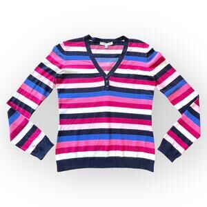 Laura Ashley Knit Sweater Long Sleeve Striped 1/4 Button Vintage Cotton Sweater